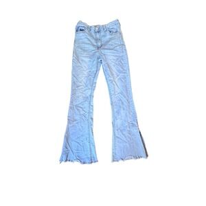 Forever 21 Light Wash High Rise Flare Jeans Side Slit Frayed Hem Size 27